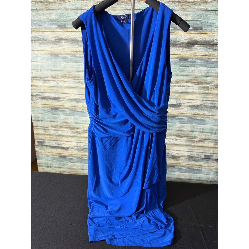Chaps Faux Wrap Dress Large Royal Blue Excellent Ruched Surplice V-Neck Sheath